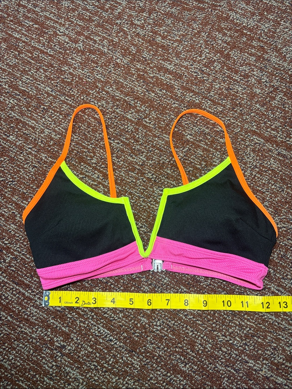 Neon trim v neck bikini black ribbed high waisted y2k style swimsuit women’s S - Picture 10 of 14